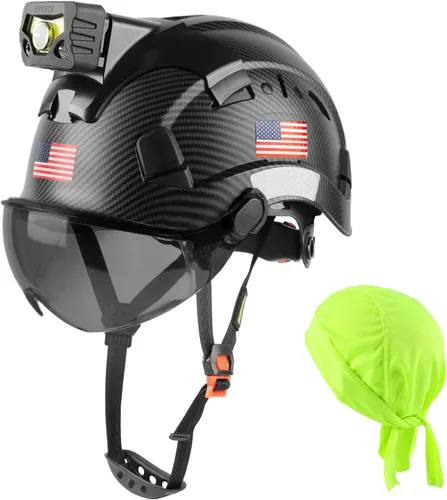 Vista 10 de GREEN DEVIL Casco de seguridad con luz recargable para faros delanteros y forro para casco, correa para barbilla, para hombre, ventilada