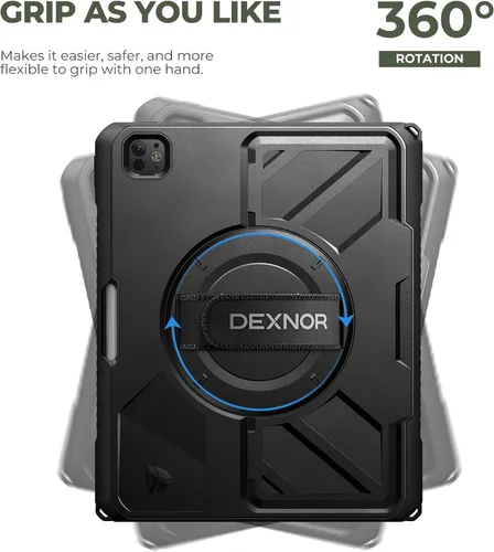 Vista 3 de Dexnor Funda protectora resistente para iPad Pro de 13 pulgadas M4 2024, con correa de mano giratoria de 360°, soporte estable grande, protector