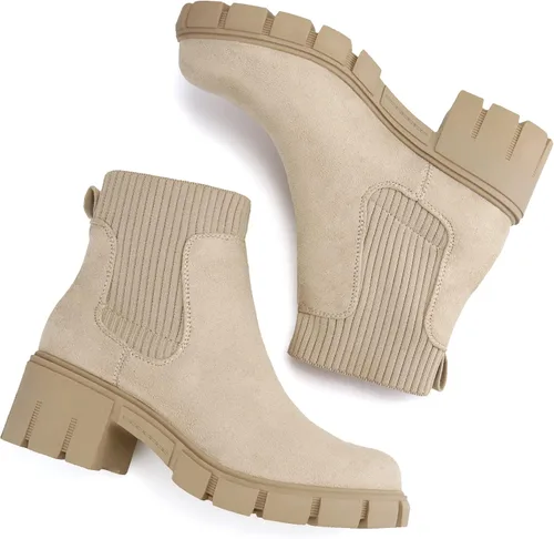 Vista 5 de JABASIC Botas de tobillo gruesas para mujer, botas Chelsea elásticas
