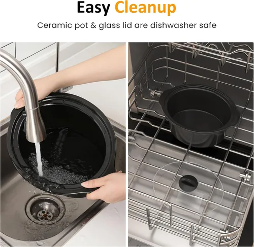 Vista 5 de Olla de cocción lenta de 4QT y calentador de alimentos mini con olla de cerámica extraíble, 3 ajustes de calor, tapa de vidrio apta para Plateado