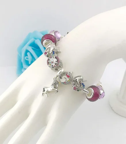 Vista 5 de YOUFENG Pulsera de Dijes de Cuentas de Amor para Mujeres Cadena de Serpiente Dije de Unicornio Dijes de Flores Pulseras Regalos de Cumpleaños