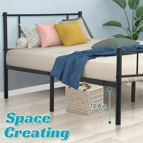 Vista 6 de Dkelincs Base de cama tamaño King con cabecero y tabla de pie, marco de cama de plataforma de metal de acero resistente, almacenamiento reservado