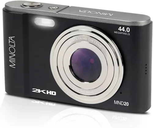 Vista 3 de Minolta MND20 Cámara digital Quad HD de 44 MP / 2.7K (negro) + tarjeta de memoria de 32 GB + trípode flexible de 12 pulgadas + cartera de tarjetas