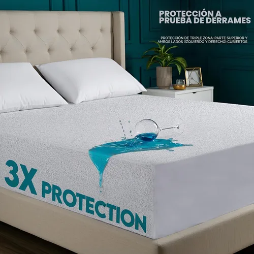 Vista 2 de Utopia Bedding - Protector de colchón de doble cara con parte superior de rizo impermeable y paneles laterales de rizo tamaño Twin XL, funda