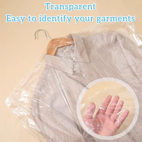 Vista 5 de Paquete de 100 bolsas de ropa para colgar ropa, bolsas de plástico para limpieza en seco, fundas de ropa transparentes para tintorería