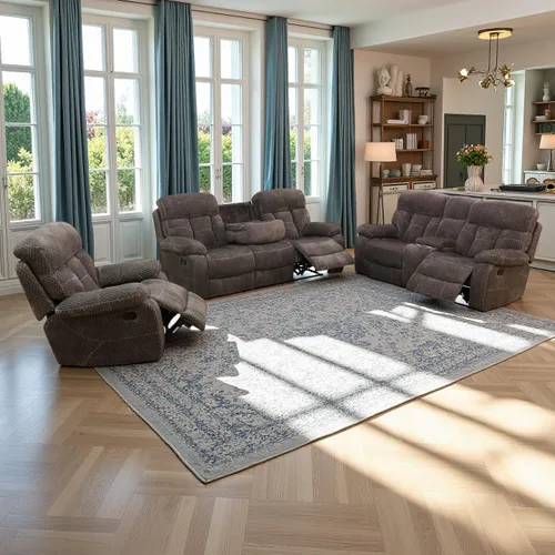 Vista 11 de Juego de sofá reclinable manual de pana extragrande para sala de estar, juego de sofá de pana con mesa desplegable y portavasos para Beige