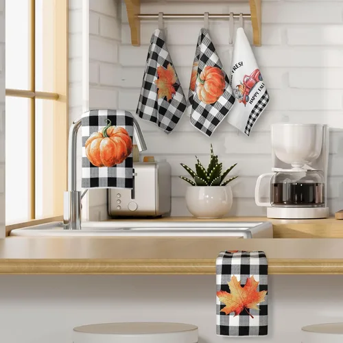 Vista 2 de Sratte 4 piezas de toallas de cocina de Acción de Gracias, toallas de mano de otoño 16 x 24 pulgadas, paño de cocina de calabaza, gnomo de otoño