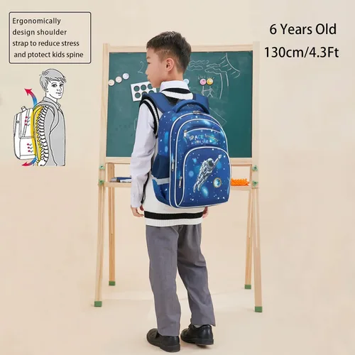Vista 2 de Mochila para niños, mochila de 16 pulgadas para niños de preescolar primaria de jardín de infantes, bolsillos laterales con correa en el pecho, Azul
