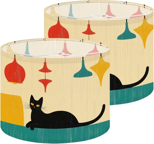 Vista 23 de Drum Lampshade Mid Century Black Cat Starry Lights Retro Style Medium Lamp Shade Replacement Linen Fabric Lampshades for Bedside Table Lamp Floor
