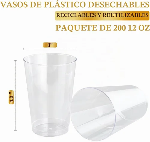 Vista 7 de FOCUSLINE Paquete de 200 vasos de plástico transparente de 12 onzas, vasos desechables vasos reutilizables de plástico, vasos transparentes
