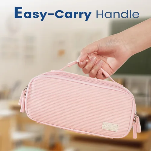 Vista 6 de Sooez Estuche grande para lápices, estuche de pana suave con asa, bonito estuche para bolígrafos, 5 compartimentos, organizador de amplia apertura
