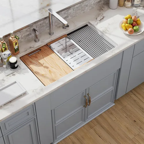 Vista 22 de Farm - Fregadero de cocina reversible con 24 unidades, color blanco, 24 x 18 pulgadas, delantal frontal de porcelana blanca, de cerámica y arcilla