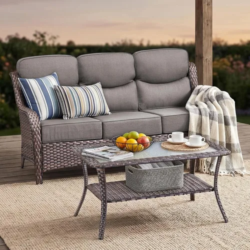 Vista 13 de Sofá de lujo para patio al aire libre, sofá de mimbre resistente para todo tipo de clima, sofá de 3 plazas con asiento profundo y funda extraíble