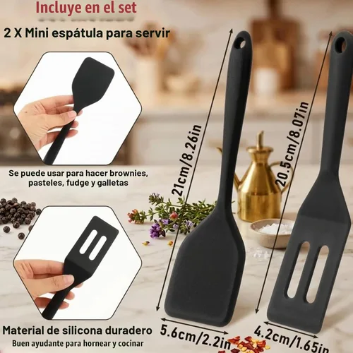 Vista 5 de Juego de 2 espátulas para servir de silicona, espátula ranurada resistente al calor, para cocinar en la cocina. (negro)