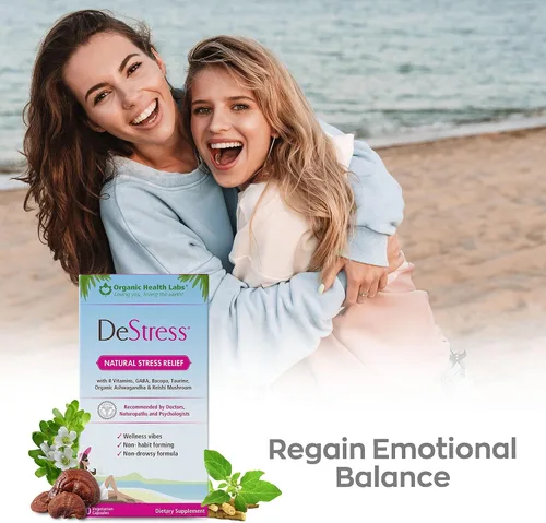Vista 5 de DeStress Cápsulas totalmente naturales, sin somnolencia con vitaminas B, magnesio, Ashwagandha y L-teanina, 30 cápsulas vegetales - Organic Health