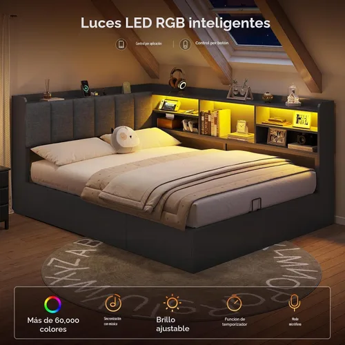 Vista 3 de Marco de cama matrimonial esquinero con 3 cajones, estantería y cabecero de Negro