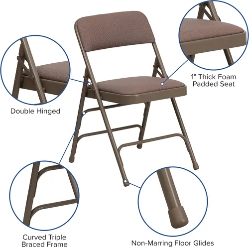Vista 4 de EMMA + OLIVER Paquete de 2 sillas plegables de metal de tela beige curvada con triple refuerzo Triple Braced, Double-Hinged, Fabric Upholstery