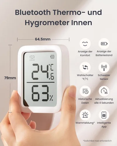 Vista 2 de Termómetro Higrómetro SwitchBot, Medidor de Humedad Interior Bluetooth para el Hogar, Sensor de Temperatura con Control de Aplicación, Gran Pantalla