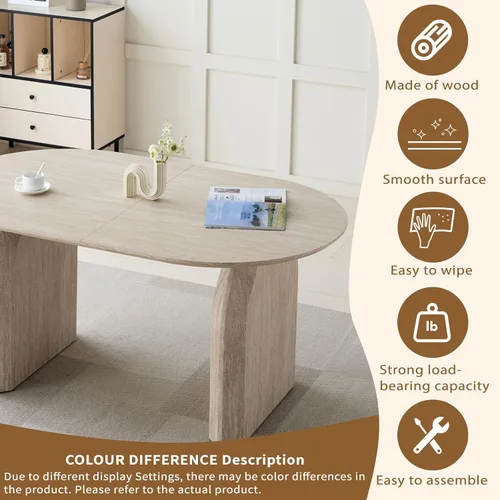 Vista 4 de Mesa de comedor ovalada extensible, mesa de cocina moderna de madera con parte superior de MDF y patas de pedestal dobles, mesa de 59.06 a 90.55