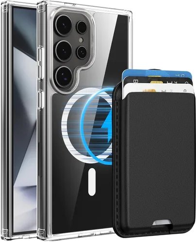 Vista 30 de Funda magnética para Samsung Galaxy S25 FE, transparente y negro con soporte para tarjetas de crédito desmontable, compatible con MagSafe, ajuste