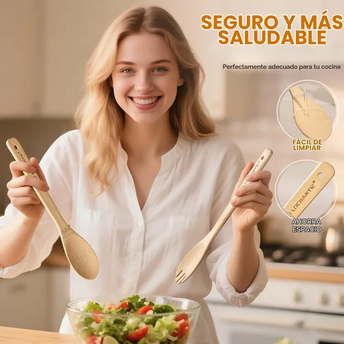 Vista 7 de Cucharas de madera para cocinar, juego de utensilios de cocina, 6 cucharas de madera de bambú y espátula utensilios de cocina