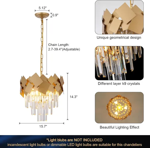 Vista 6 de A AXILIXI Candelabros de cristal dorado de 16 pulgadas, lámpara colgante de techo moderna para comedor, regulable, pequeño, 3 niveles, montaje