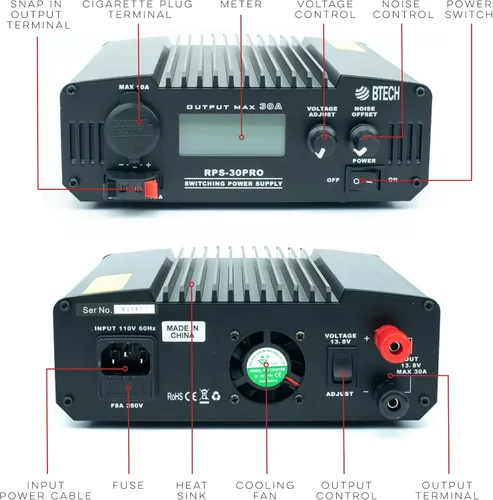 Vista 3 de BTECH RPS-30PRO Fuente de alimentación de banco compacto universal regulada de 30 amperios, convertidor de alimentación de CA a CC, 13.8 V