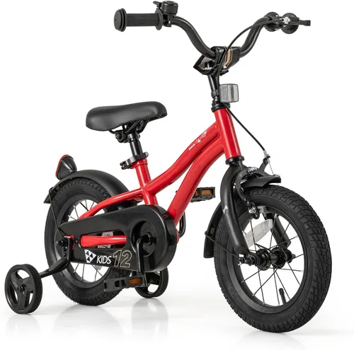 Vista 11 de BABY JOY Bicicleta deportiva de 12, 14, 16, 18 pulgadas, con ruedas de entrenamiento, asiento ajustable, freno de mano y freno de posavasos