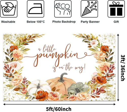Vista 2 de Avezano Fondo con texto en inglés "A Little Pumpkin is On The Way" con tema de calabaza, decoración de fiesta de baby shower, sesión de fotos, fondo