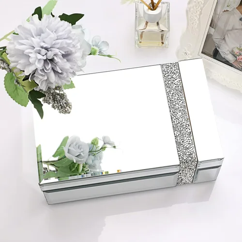 Vista 5 de ELLDOO Joyero de cristal con espejo con decoración de tiras de diamantes triturados, caja organizadora de lujo para baratijas, caja decorativa, caja