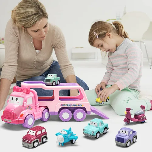 Vista 7 de Vehículo de juguete de dibujos animados para niña pequeña, camión transportador rosa 9 en 1 para bebés, automóvil de transporte de energía