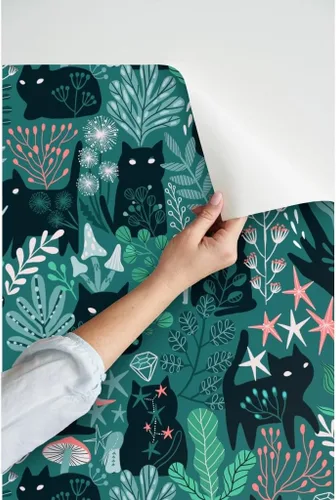 Vista 3 de Spoonflower Papel tapiz para despegar y pegar, diseño de gatos del bosque verde, hada, elfos, gatito, verano, primavera, gatito, bebé, niño, papel