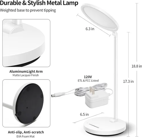 Vista 4 de Lámpara de escritorio LED con brazo oscilante y cuello flexible, lámpara de mesa 3CCT para el hogar, oficina, dormitorio universitario, lámpara alta