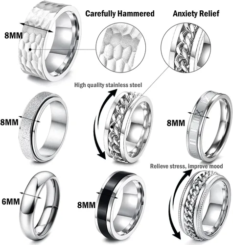 Vista 7 de RIOSO 16 anillos de acero inoxidable para hombre, anillo de plata fría para mujeres y hombres, juego de anillos de compromiso de boda simples