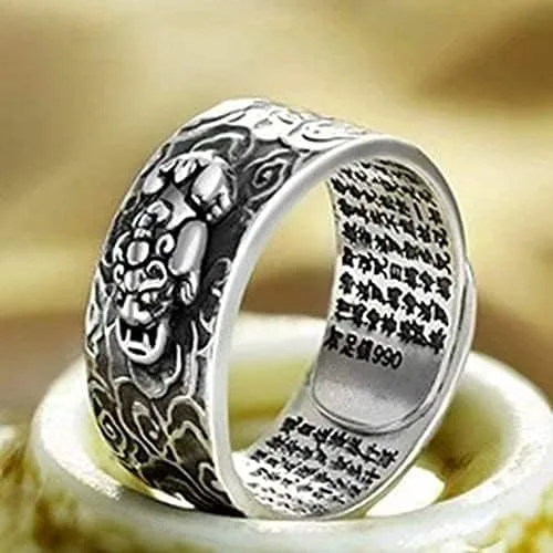 Vista 3 de JAJAFOOK Anillo de plata 990 FENG Shui antiguo Xiangyun PIXIU MANI Amuleto Anillo Lucky Wealth Budista Mantra Joyería, ajustable, Metal, Zirconia