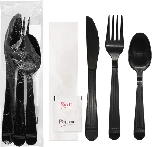 Vista 9 de Party Essentials Juego de utensilios de plástico negro envueltos individualmente/paquetes de cubiertos resistentes