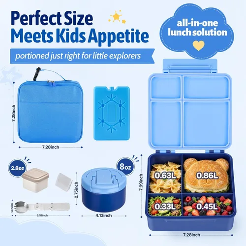 Vista 2 de MAXSO Set de Lonchera Bento con Termo para Sopa de 8 oz, Envase para Alimentos Calientes con 4 Compartimentos a Prueba de Fugas para Niños con Taza