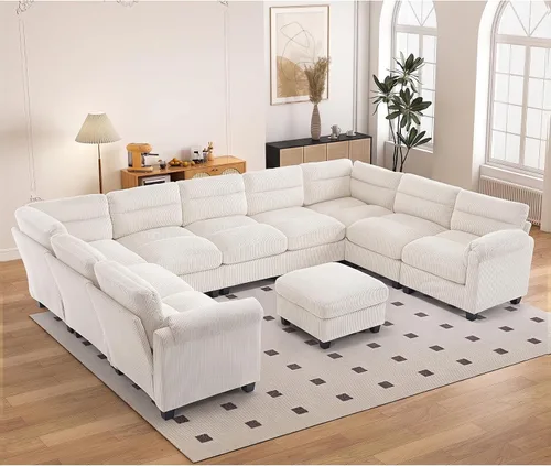 Vista 28 de HAOMARKETS Sofá esquinero modular en forma de L de 115 pulgadas con 2 otomanas móviles, sofás de pana de 8 plazas con cojín grueso para sala de Beige