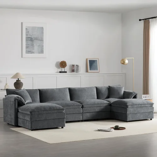 Vista 62 de Moderno sofá modular en forma de U con almohadas para la cintura, sofá cama con diván, sofá tapizado simétrico de felpilla de 6 asientos para sala