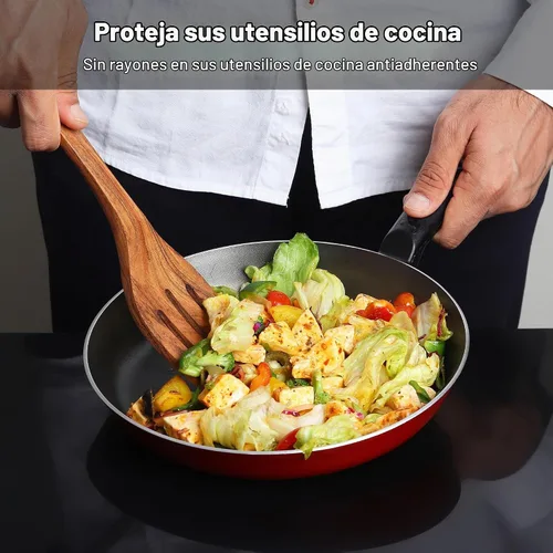 Vista 5 de Juego de 8 utensilios de cocina de madera de acacia, espátula de madera de 12 pulgadas de largo para cocinar, cucharas de madera antiadherentes