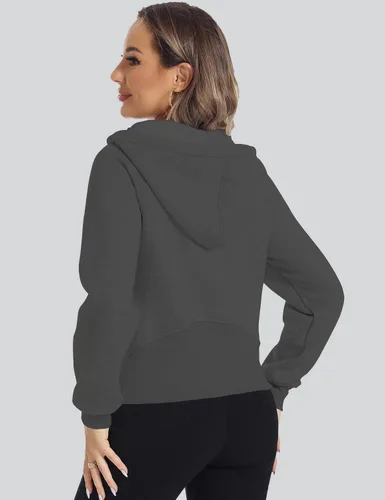 Vista 6 de ROYLAMP Sudaderas cortas con capucha de forro polar con media cremallera para mujer, ropa de invierno con cremallera de un cuarto, Gris-oscuro