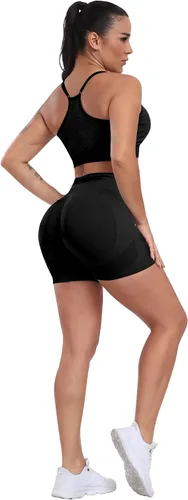 Vista 5 de CHRLEISURE Pantalones Cortos de Entrenamiento para Mujer, 4 Paquetes, Cintura Alta, Levantamiento de Glúteos con Fruncido, Pantalones Cortos Booty