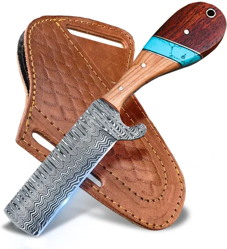 Vista 9 de Cuchillo cortador de toros con funda de cuero, cuchillo de caza hecho a mano de acero de Damasco de 8 pulgadas, cuchillo de caza de hoja fija