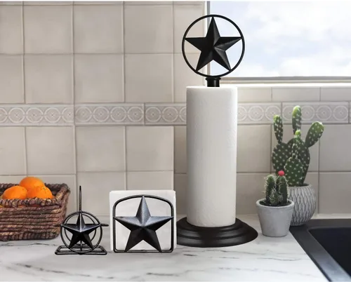 Vista 6 de Servilletero rústico negro con estrella de Texas – Servilleteros de hierro de metal primitivo para encimera de cocina, soporte de estilo occidental