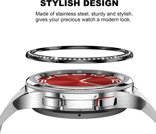 Vista 2 de Funda de bisel compatible con Samsung Galaxy Watch 6 Classic de 1.693 in, acero inoxidable, anillo de bisel brillante, cubierta adhesiva