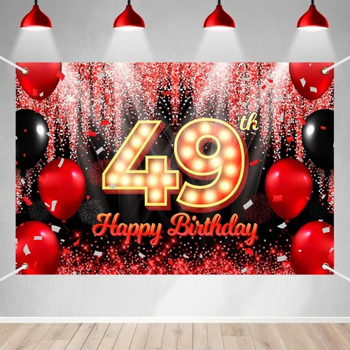 Vista 16 de Telón de Fondo Banner de Feliz 10º Cumpleaños Tema Negro y Rojo con Fondo de Neón Brillante y Moda para Fiesta de Cumpleaños Fotografía Accesorio