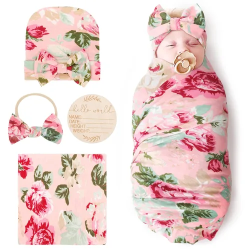 Vista 14 de DRESHOW BQUBO - Conjunto de gorro de algodón para bebé, manta para recién nacido, con orejas de oso, tarjeta de anuncio de nacimiento de madera
