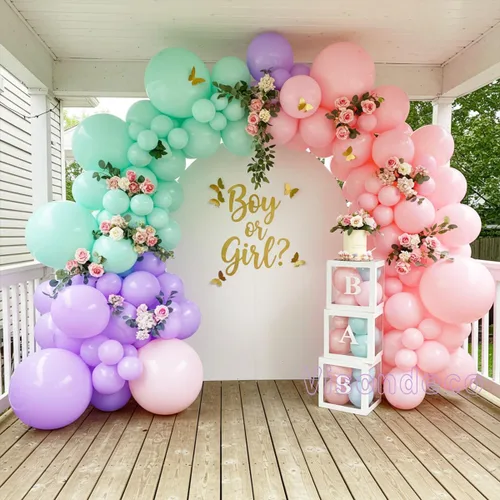 Vista 9 de Kit de arco de globos rosa, morado y verde menta, globos pastel de doble relleno con mariposas doradas para baby shower, cumpleaños de niña, tema