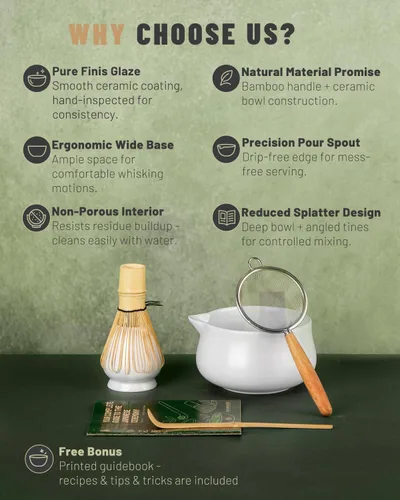 Vista 3 de Nucookery Juego de batidor de matcha, juego de 5 piezas de matcha con cuenco de cerámica de 18 onzas (Chawan) con boquilla, batidor de bambú