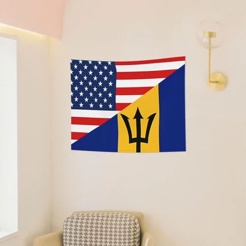 Vista 4 de Tapiz decorativo para pared, diseño de bandera estadounidense y bandera de Barbados, para colgar en la pared, manteles de arte hippie de 29 x 37